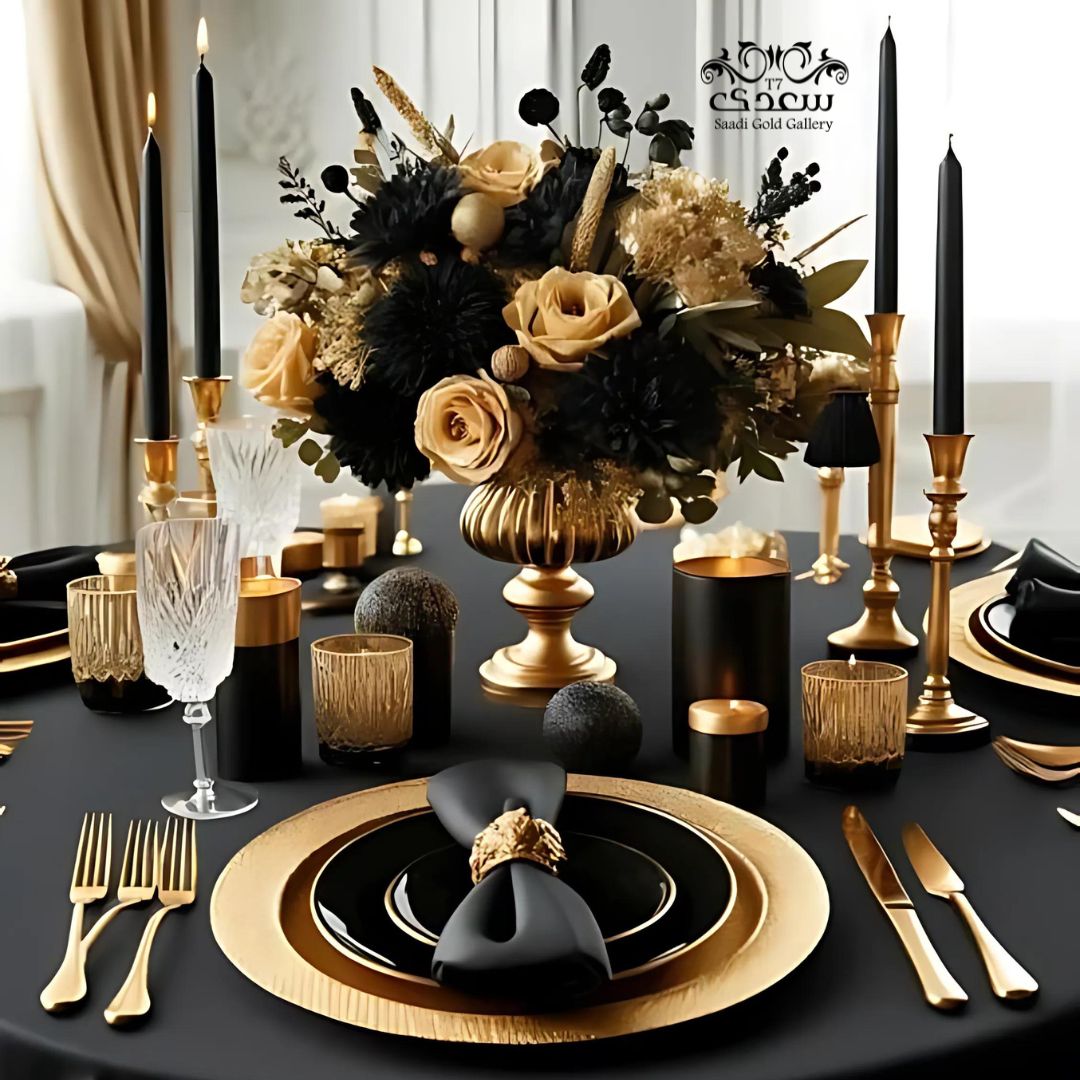 A TABLE With black and gold design